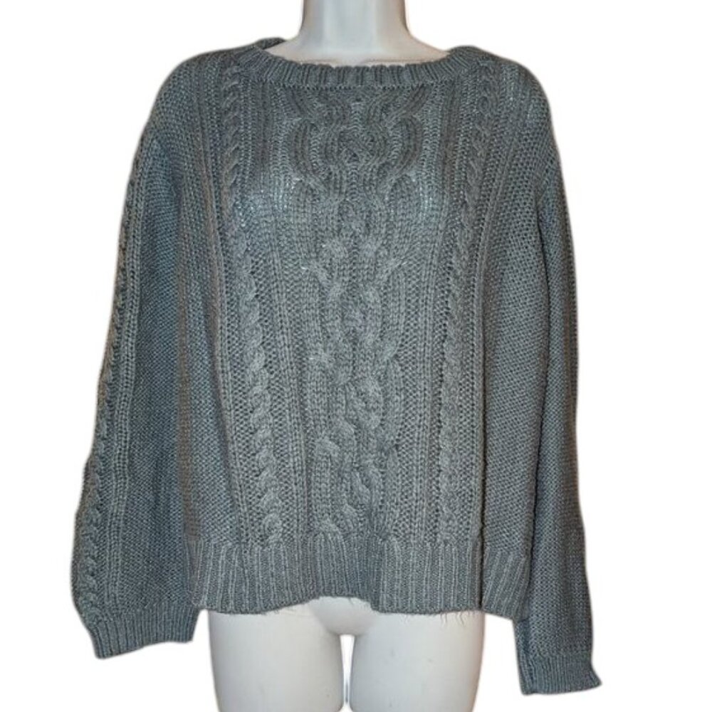 Wooden Ships Cable Knit Solid Oversized Cropped Relaxed Fit Sweater Top S/M - Picture 2 of 5